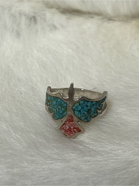 Jewelry - Vintage Sterling silver turquoise and coral inlay thunder bird